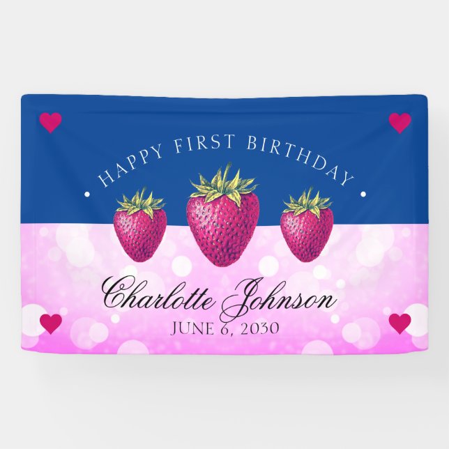 Lona Chica del partido de los cumpleaños de fresas rosa (Horizontal)