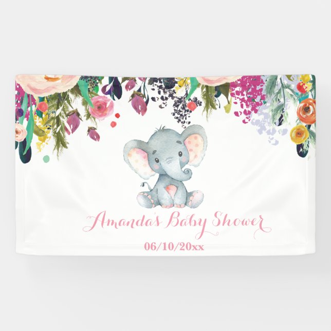 Lona Chica floral Elefante Baby Shower rosa y gris (Horizontal)
