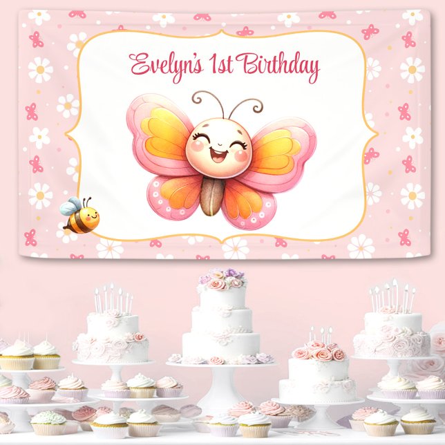 Lona Chica floral rosa de mariposa cúrcuta Primer cumpl (Cute Butterfly Pink Floral Girl 1st Birthday Banner)