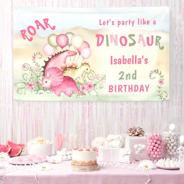 Lona Chica floral rosado Pastel Cute de Dinosaurio Cump (Dinosaur Pink Pastel Cute Floral Girl Birthday Banner)