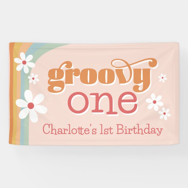 Lona Chica Groovy One Retro Daisies Primer cumpleaños (Horizontal)