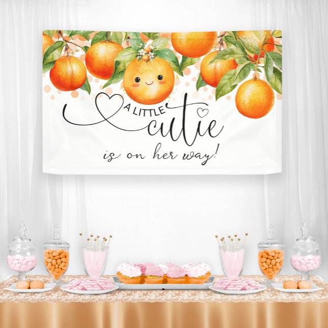Lona Chica Naranja Hermosa Fiesta de Bebé (Little cutie baby shower banner with adorable baby face.)