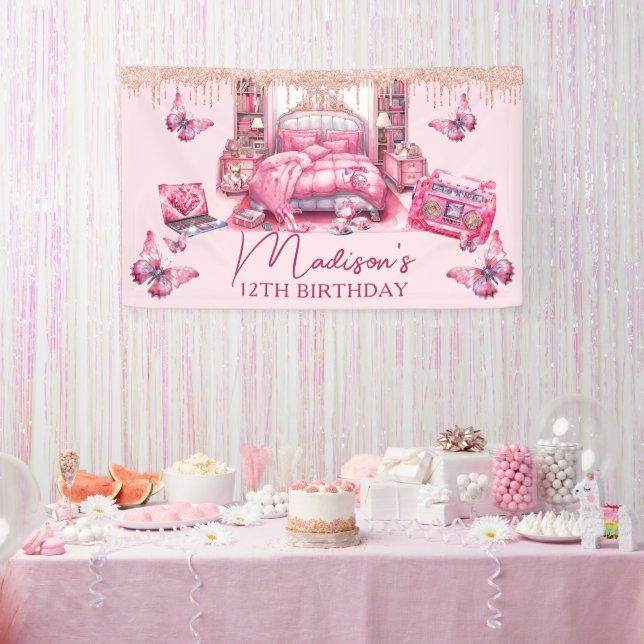 Lona Chica Pink Sleepover Cumpleaños Personalizado (Fiesta)