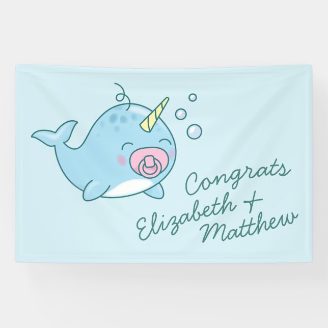 Lona Chica rosa de Cute Narwhal Baby Shower Kawaii (Horizontal)