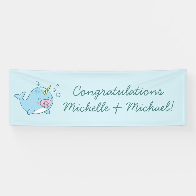 Lona Chica rosa de Cute Narwhal Baby Shower Kawaii (Horizontal)