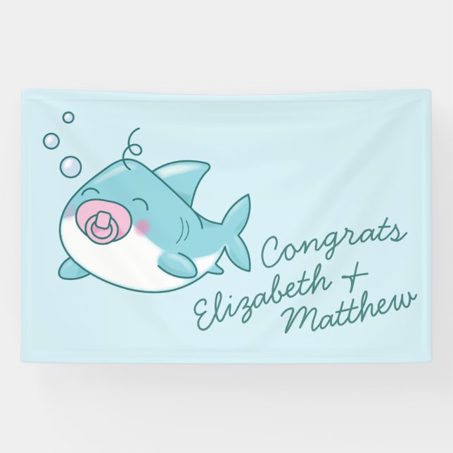 Lona Chica rosa de Cute Shark Baby Shower Kawaii (Horizontal)