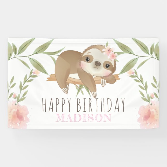 Lona Chica Sloth Feliz Cumpleaños Personalizado (Horizontal)
