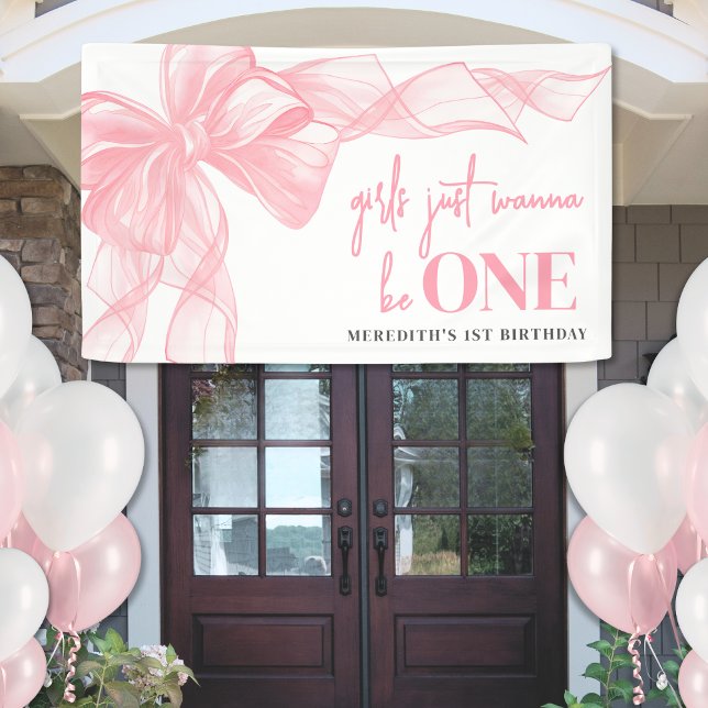 Lona Chicas de lazo rosa Cumpleaños número 1 (Pink Bow Girls 1st Birthday Banner)