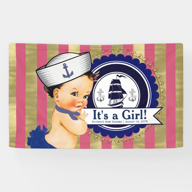 Lona Chicas Nautical Navy Blue Pink Gold Baby Shower (Horizontal)