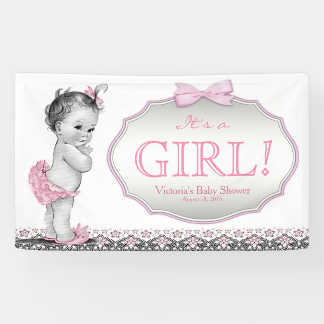 Lona Chicas Rosa Gris Encaje Lazo Baby Shower (Horizontal)
