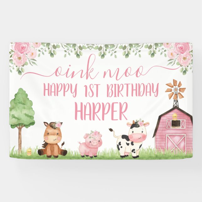 Lona Chicas rosados Floral Barn Farm Animales Felices C (Horizontal)