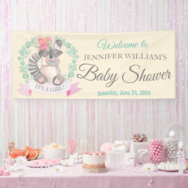 Lona Chicas Watercolor Baby Raccoon Baby Shower (Fiesta)