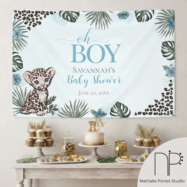 Lona Chorro de leopardo azul Baby Shower (Leopard Cub Blue Baby Shower Banner with baby boy leopard, jungle leaf border for safari party decor)