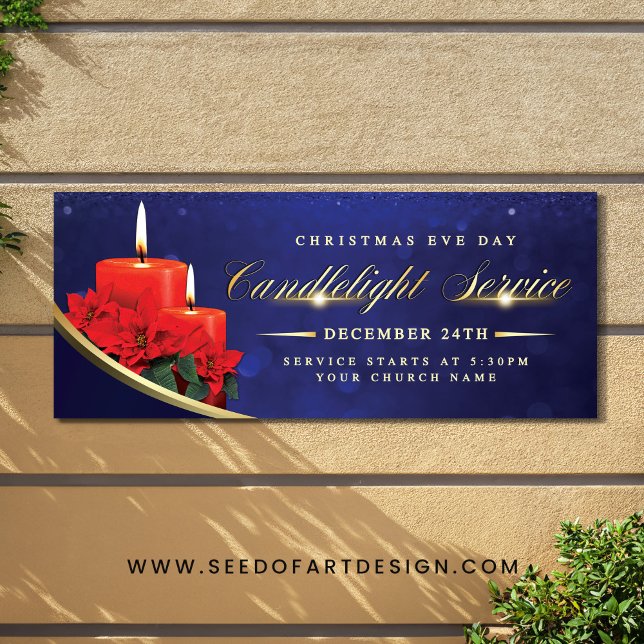 Lona Christmas Eve Candlelight Poinsettia Blue Church (Subido por el creador)