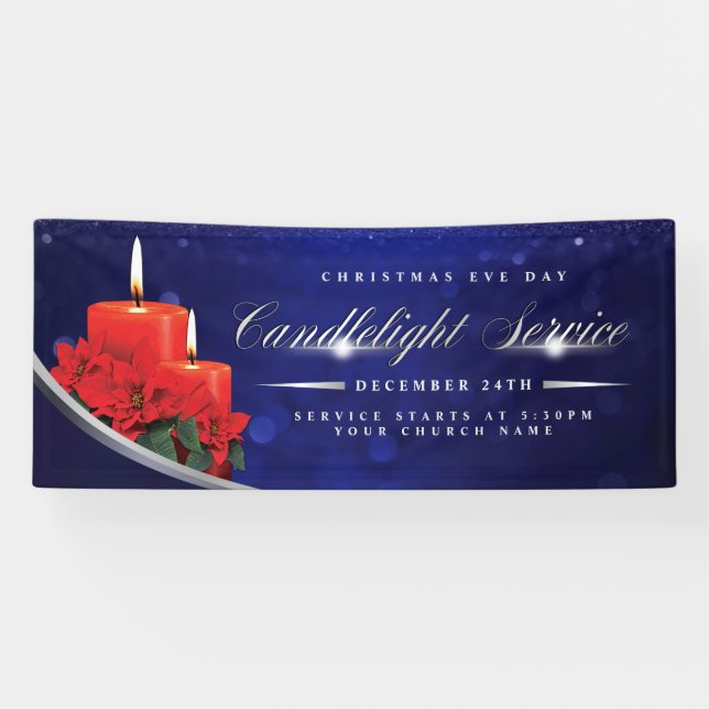 Lona Christmas Eve Candlelight Poinsettia Blue Church (Horizontal)