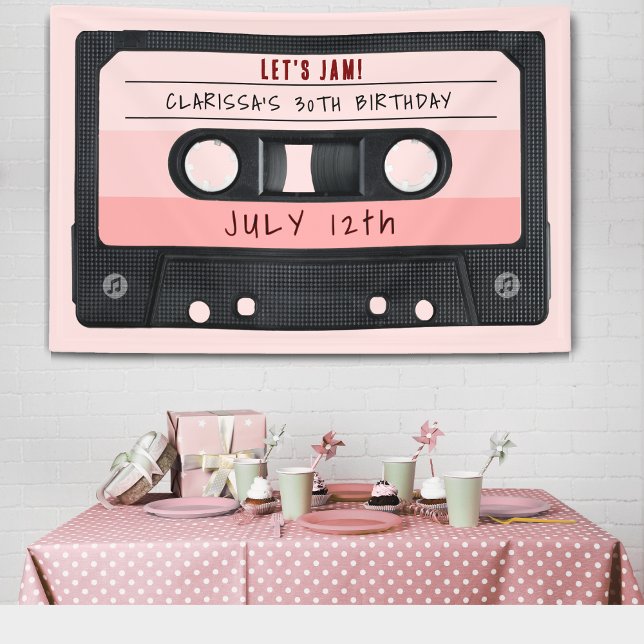 Lona Cinta Cassette Fiesta de Cumpleaños Retro Rosa (Cassette Tape Pink Retro Birthday Party Banner
)