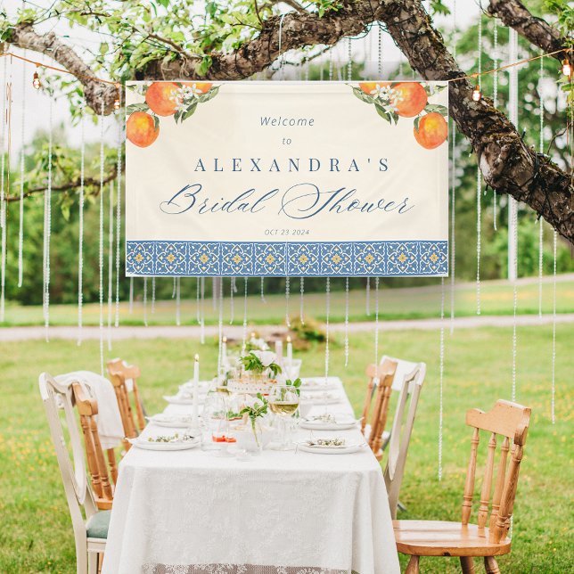 Lona Citrus Naranja Blue Tiles Ducha Británica Italiana (Citrus Orange Blue Tiles Italian Bridal Shower Banner)