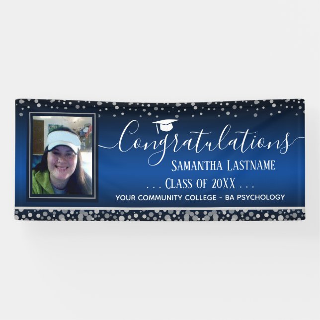 Lona Clase de 2022 Graduación Silver Confetti One Photo (Horizontal)