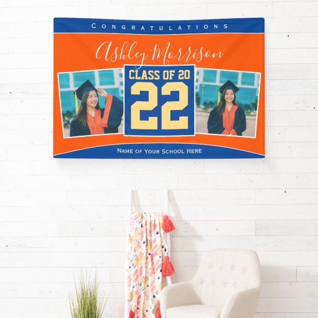 Lona Clase de 2023 Blue Naranja Gold Graduation Photo (in situ)