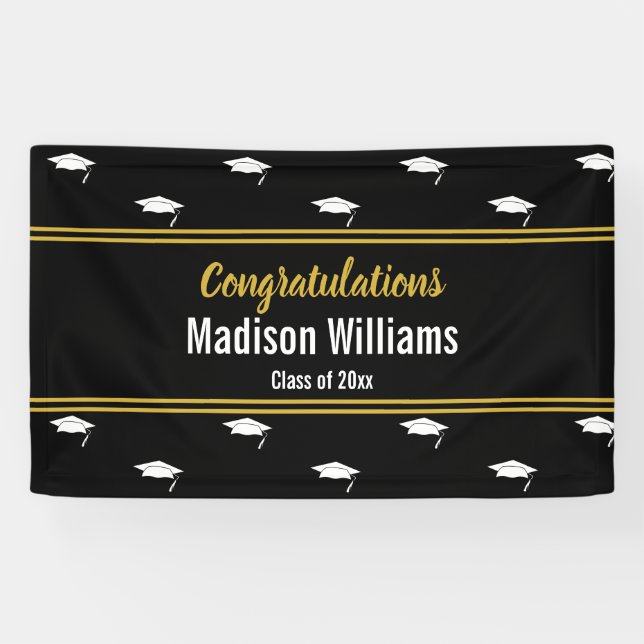 Lona Clase de 2025 Black White Gold Graduation Name (Horizontal)