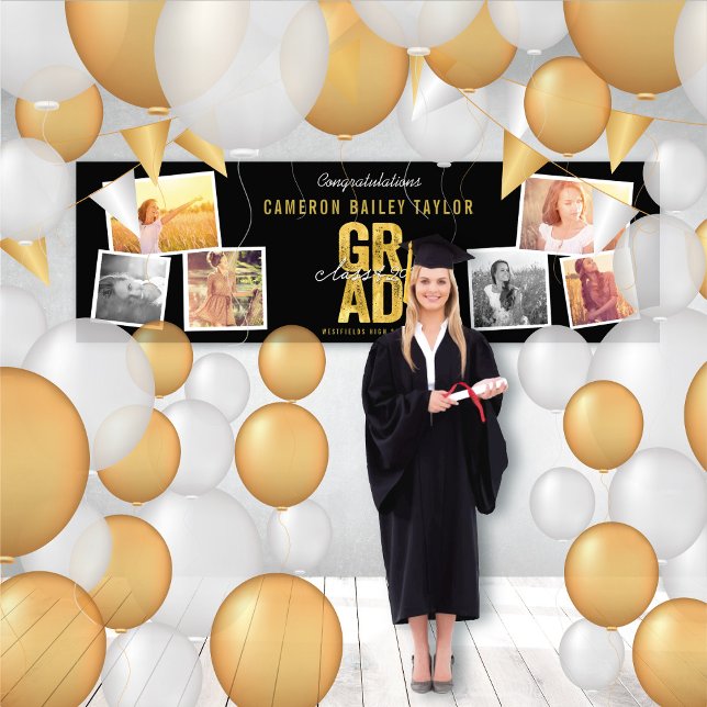Lona Clase De 2025 Partido Audaz De Graduación De Fotog (Class Of 2024 Modern Bold Golden GRAD 6 Photo Graduation Party Banner @ www.zazzle.com/color_therapy)