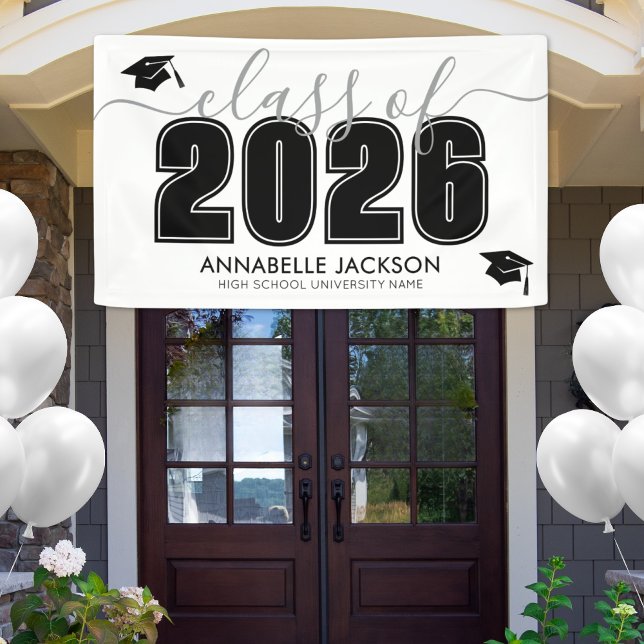 Lona Clase Simple Del Partido De Graduación Blanca Negr (Simple Class Of 2025 Black White Graduation Party Banner)