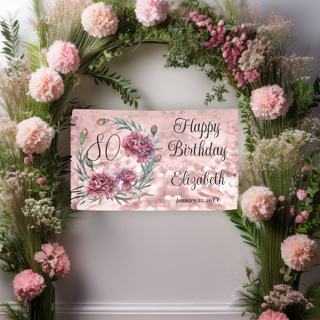 Lona Claveles rosados elegantes Cumpleaños 80  (Elegant Pink and Mauve Carnations 80th Birthday Party 3 ft x 5 ft Banner)