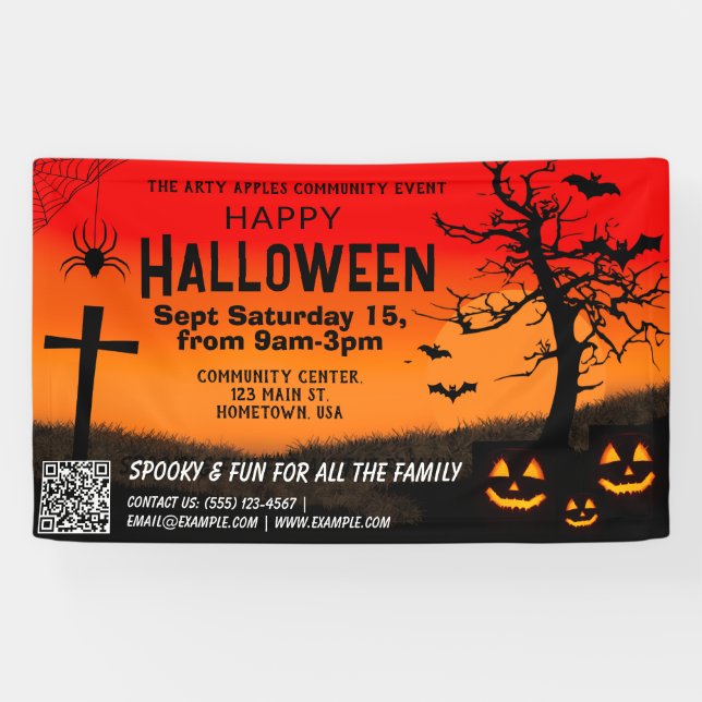 Lona código qr de banner de halloween rojo y negro feli (Horizontal)