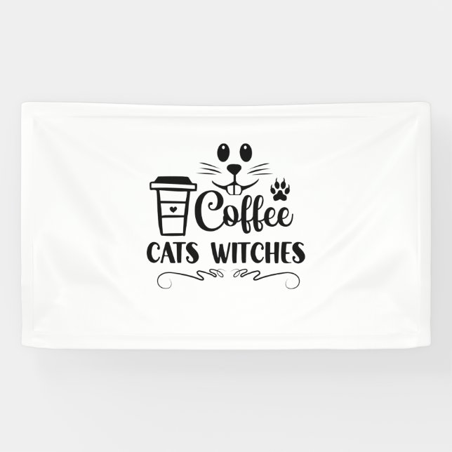 Lona Coffee de Halloween Cats Witts Cumpleaños (Horizontal)