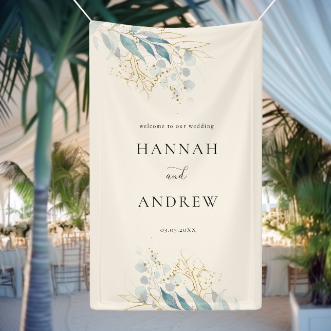 Lona Colección de Bodas beige de oro azul (Imitat) (Elegant Botanical Eucalyptus Blue Gold (Imitat) Beige Wedding Banner with your Name & Date.)