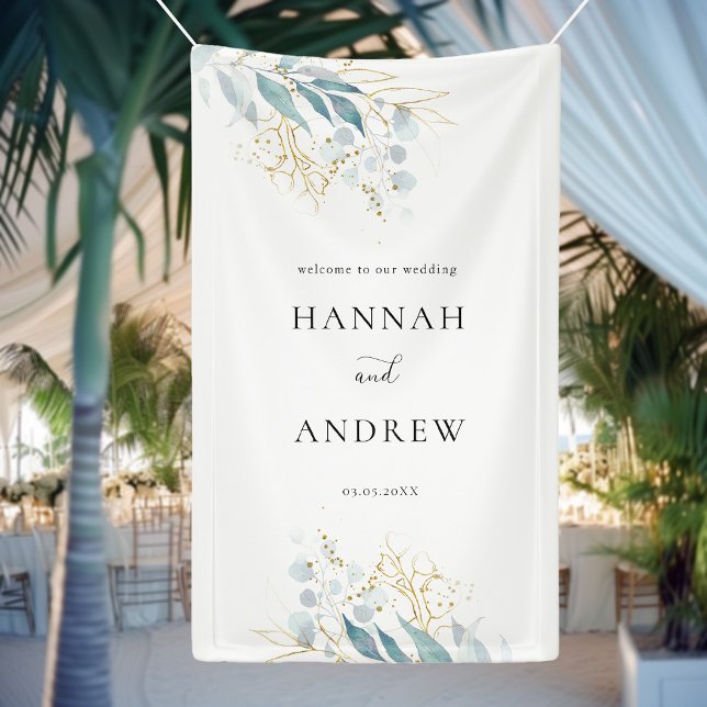 Lona Colección de Bodas blancos Blue Gold (Imitat) (Elegant Botanical Eucalyptus Blue Gold (Imitat) White Wedding Banner with your Name & Date.)