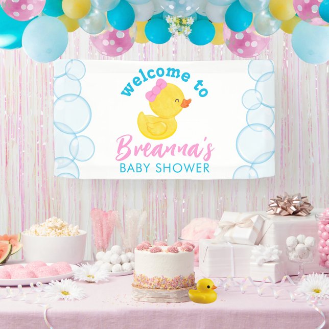 Lona Colgando la bienvenida de Baby Shower del chica Ru (Girl Rubber Duck Baby Shower Welcome Hanging Vinyl Banner in White)