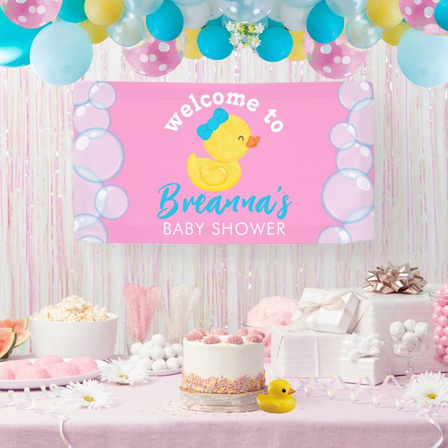 Lona Colgando la bienvenida de Baby Shower del chica Ru (Girl Rubber Duck Baby Shower Welcome Hanging Vinyl Banner in Pink)