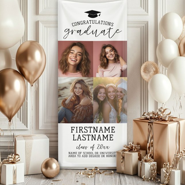 Lona Collage de 4 fotos de graduación moderno minimalis (Custom Graduation Photo Banner - Great backdrop and Graduation Party Decoration)