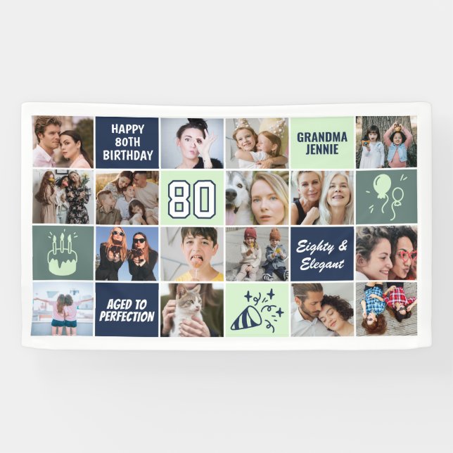 Lona Collage de Fotos Personalizado Cumpleaños 80 Verde (Horizontal)