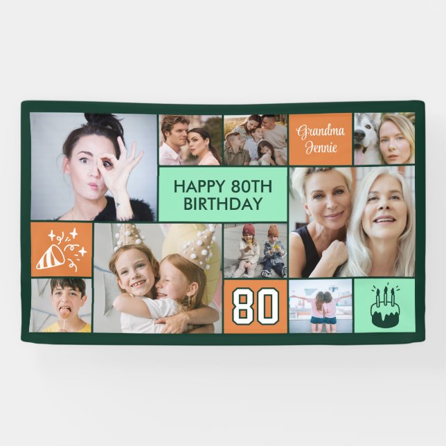 Lona Collage de fotos personalizado para el 80 cumpleañ (Horizontal)