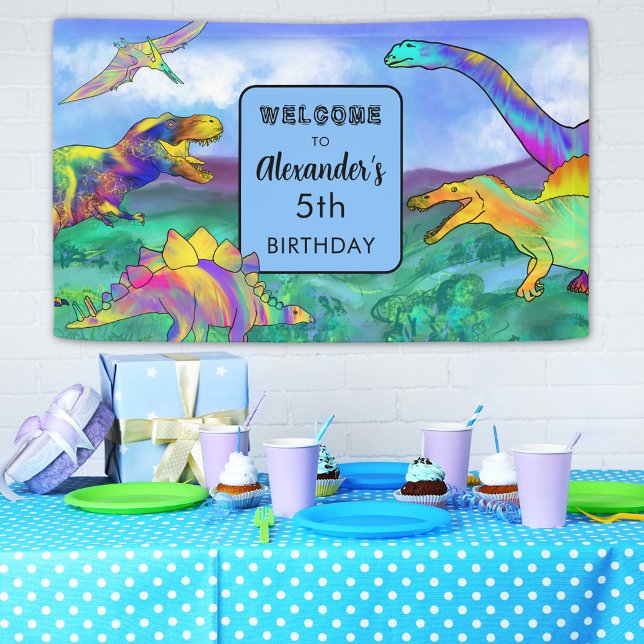 Lona Colorida fiesta de cumpleaños de dinosaurios perso (Colorful dinosaur 5th birthday party personalized banner T-Rex stegosaurus spinosaurus brontosaurus )