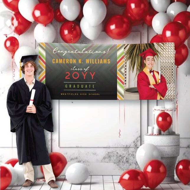 Lona Coloridas franjas diagonales estribos de fotografí (Trendy Colorful Diagonal Stripes Modern One Photo Graduation Banner @ zazzle.com/color_therapy)