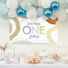 Lona Colorido Banner Moderno Feliz Cumpleaños Niño Uno
