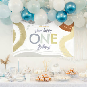 Lona Colorido Banner Moderno Feliz Cumpleaños Niño Uno