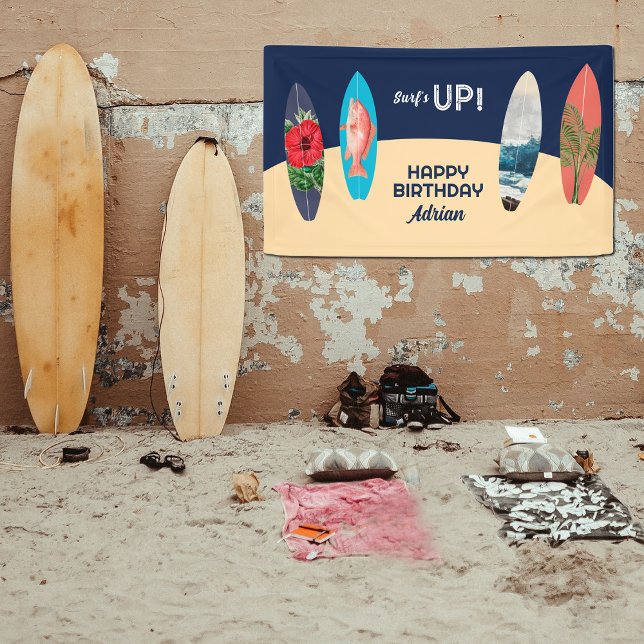 Lona Colorido Retro Surfboards Fiesta de Cumpleaños (Colorful Retro Surfboards Surfs Up Birthday Party Banner)
