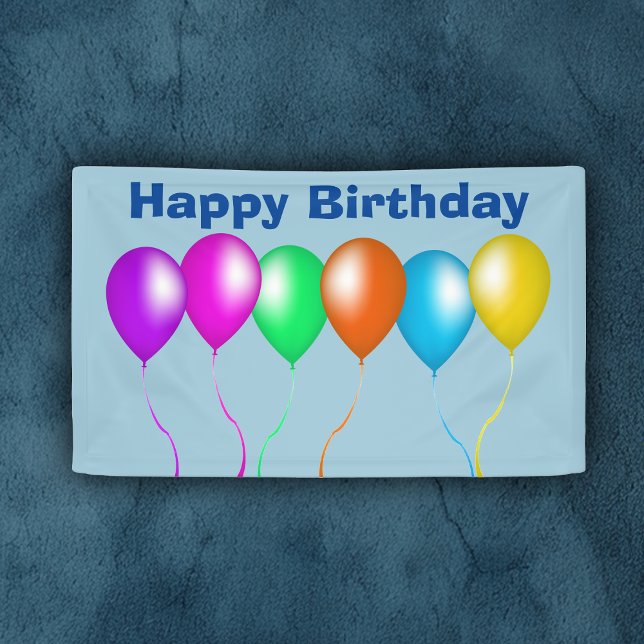 Lona Colorido y brillante Bunch de los globos (Happy Birthday blue banner with row of colourful festive balloons with streamers.)