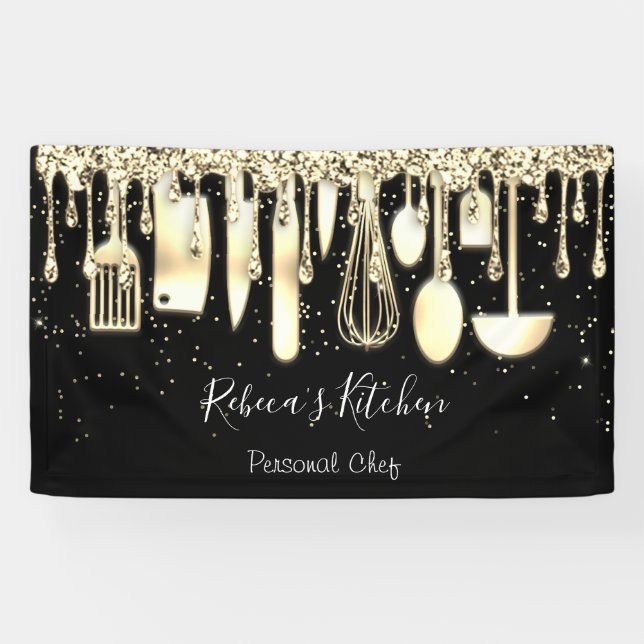 Lona Comedor personal Chef Cocina Utensilios de oro Neg (Horizontal)