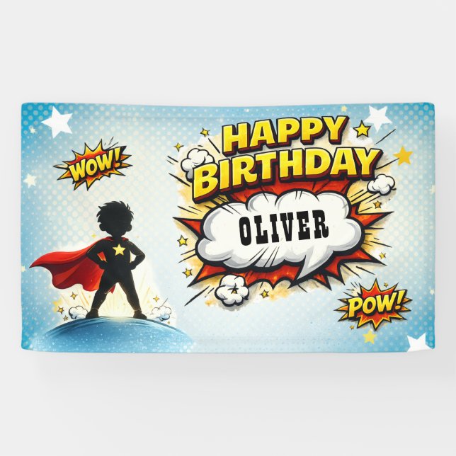Lona Comic Style Superhero Boy's Name Birthday (Horizontal)