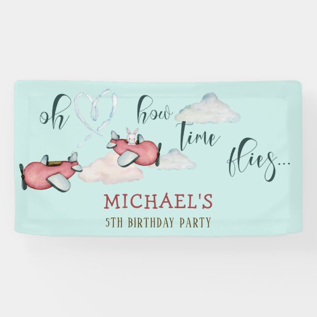 Lona Cómo el tiempo vuela el niño del avión retro (Horizontal)