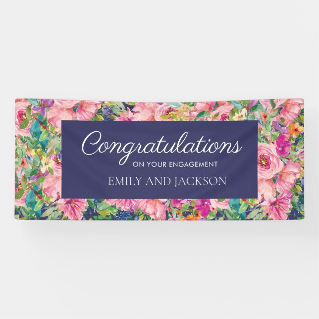 Lona Compromiso floral de acuarela azul rosa (Horizontal)