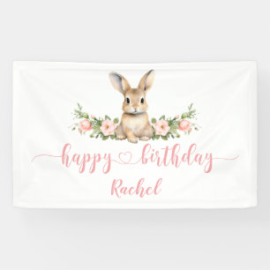 Lona Conejo de Primavera Floral Rosa Feliz Cumpleaños