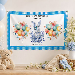 Lona Conejo Floral Azul Cumpleaños 1er año para Niños
