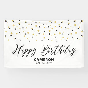 Lona Confeti Hexágono Negro Dorado Cumpleaños Feliz Per