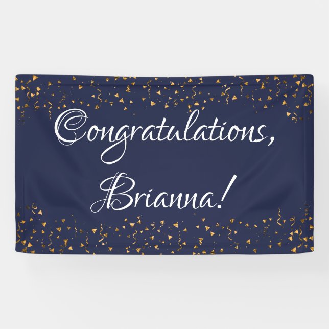 Lona Confetti de burlas de oro, felicitaciones azules d (Horizontal)